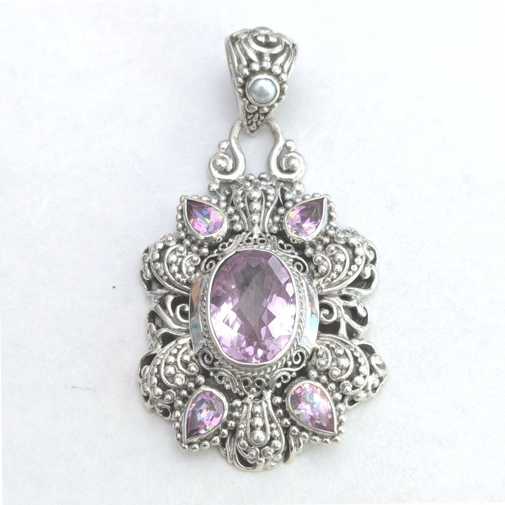 Sarda Bali Kunzite and Pink Quartz Sterling Silver Pendant
